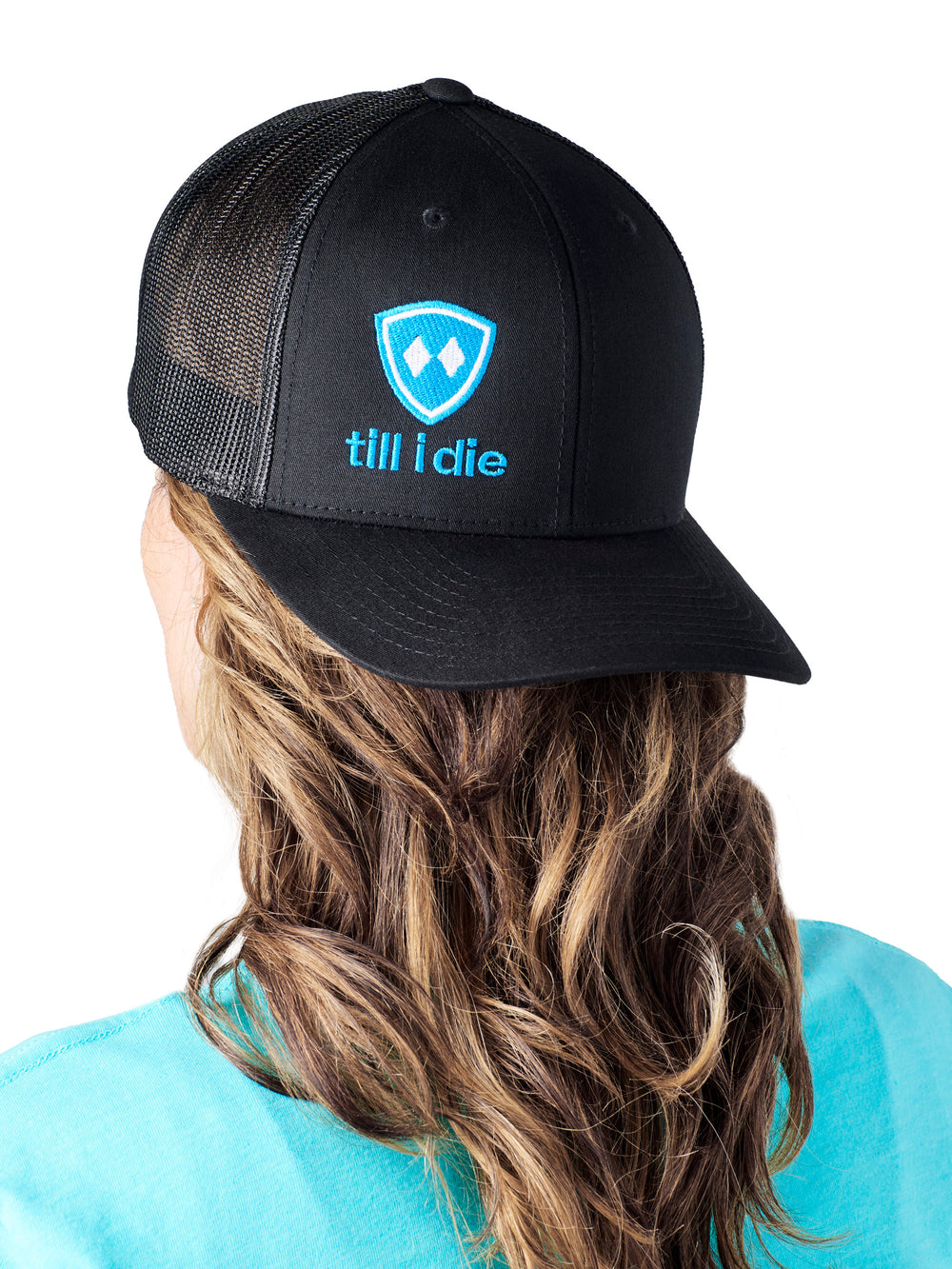 Till I Die Logo // Classic Trucker Hat // Black + Neon Blue & White