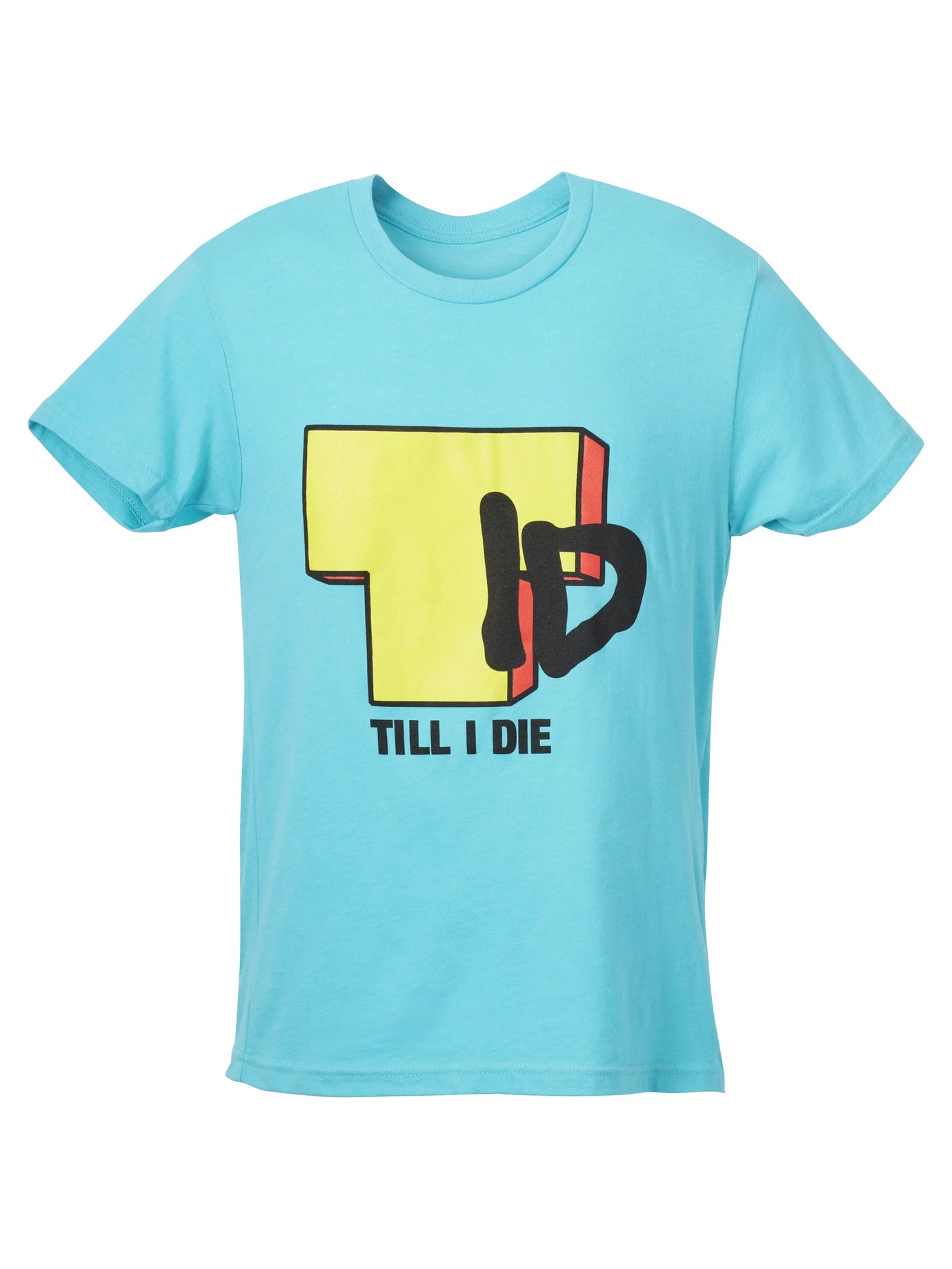 Man standing in a sand colored shirt with Till I Die written on the front