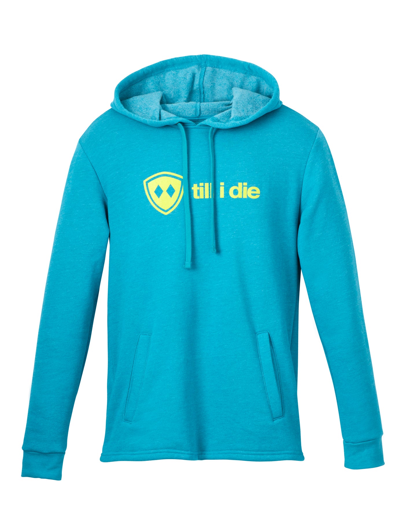 Girl laughing in a blue hoodie with Till I Die printed on it