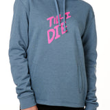 A female model wearing a BLUE hoodie with the text 'TILL I DIE' printed in pink on the front.