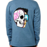 MALE MODEL WEARING A BLUE HOODIE WITH THE HOOD UP, FEATURING A GRAPHIC OF A CARTOON HALF SKELETON HALF SKIER HEAD WITH THE WORDS 'TILL I DIE'