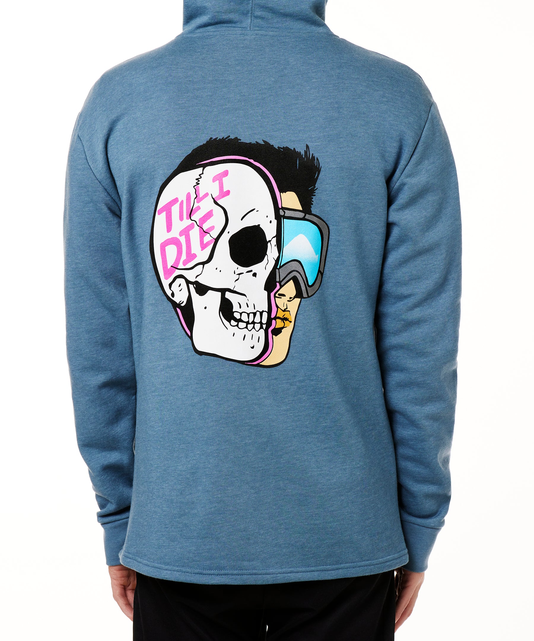 MALE MODEL WEARING A BLUE HOODIE WITH THE HOOD UP, FEATURING A GRAPHIC OF A CARTOON HALF SKELETON HALF SKIER HEAD WITH THE WORDS 'TILL I DIE'