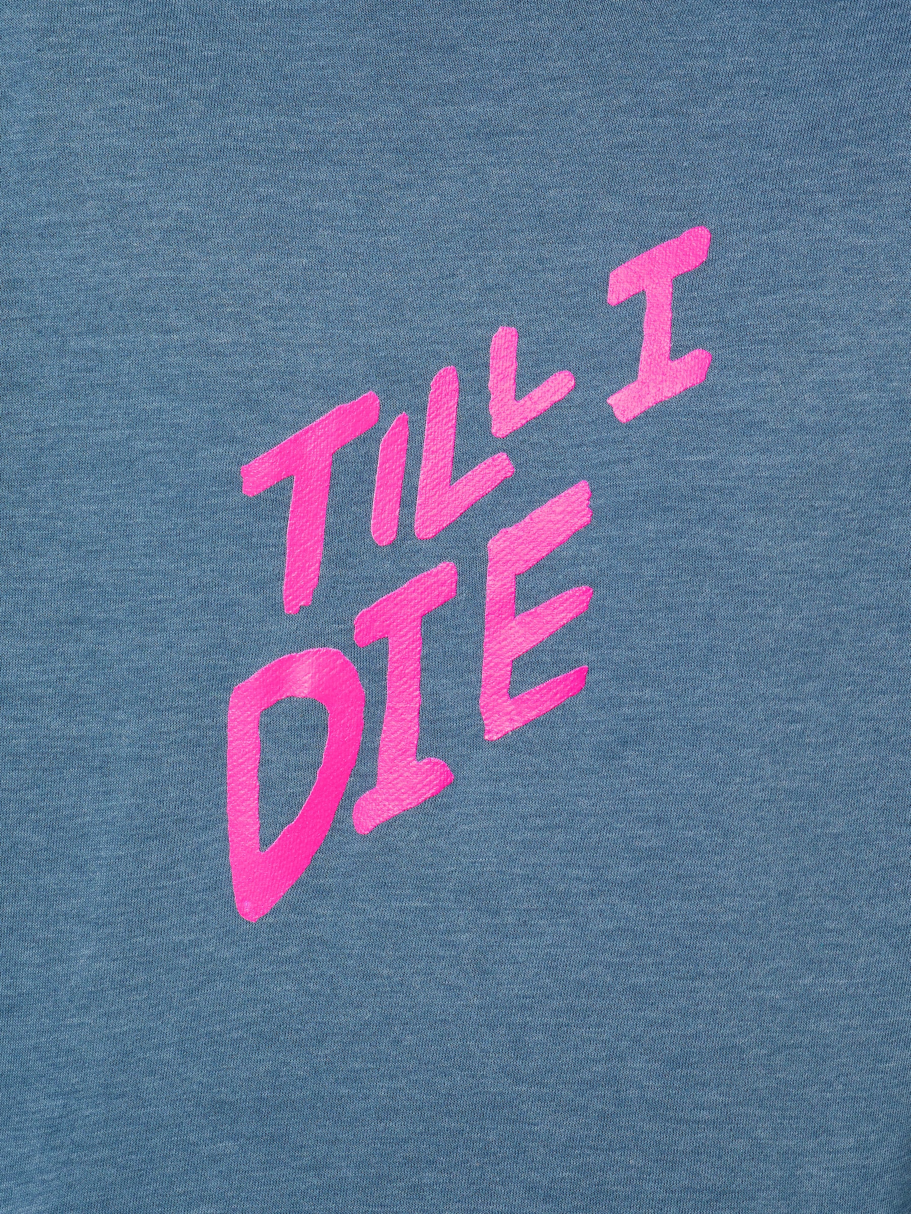 DETAIL OF A BLUE HOODIE WITH THE WORDS 'TILL I DIE' IN PINK