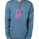 A male model wearing a BLUE hoodie with the text 'TILL I DIE' printed in pink on the front.