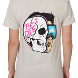 BACK OF A FEMALE MODEL WEARING A TAN TEE SHIRT WITH A GRPHIC OF A HALF SKULL HALF SKIER AND THE WORDS TILL I DIE