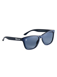 front view of the indigo breeze sun glasses featuring matching blue lenses, double diamond shield etched in the wearers top right lens, and till i die logo in white along the frame arm