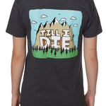 BACK OF A FEMALE MODEL WEARING A HEATHER GRAY TEE SHIRT WITH A GRAPHIC OF A MOUNTAIN AND THE WORDS TILL I DIE