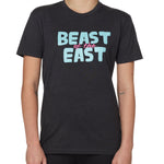 FEMALE MODEL WEARING A HEATHER GRAY TEE SHIRT WITH THE WORDS "BEAST OF THE EAST" IN BLUE AND PINK