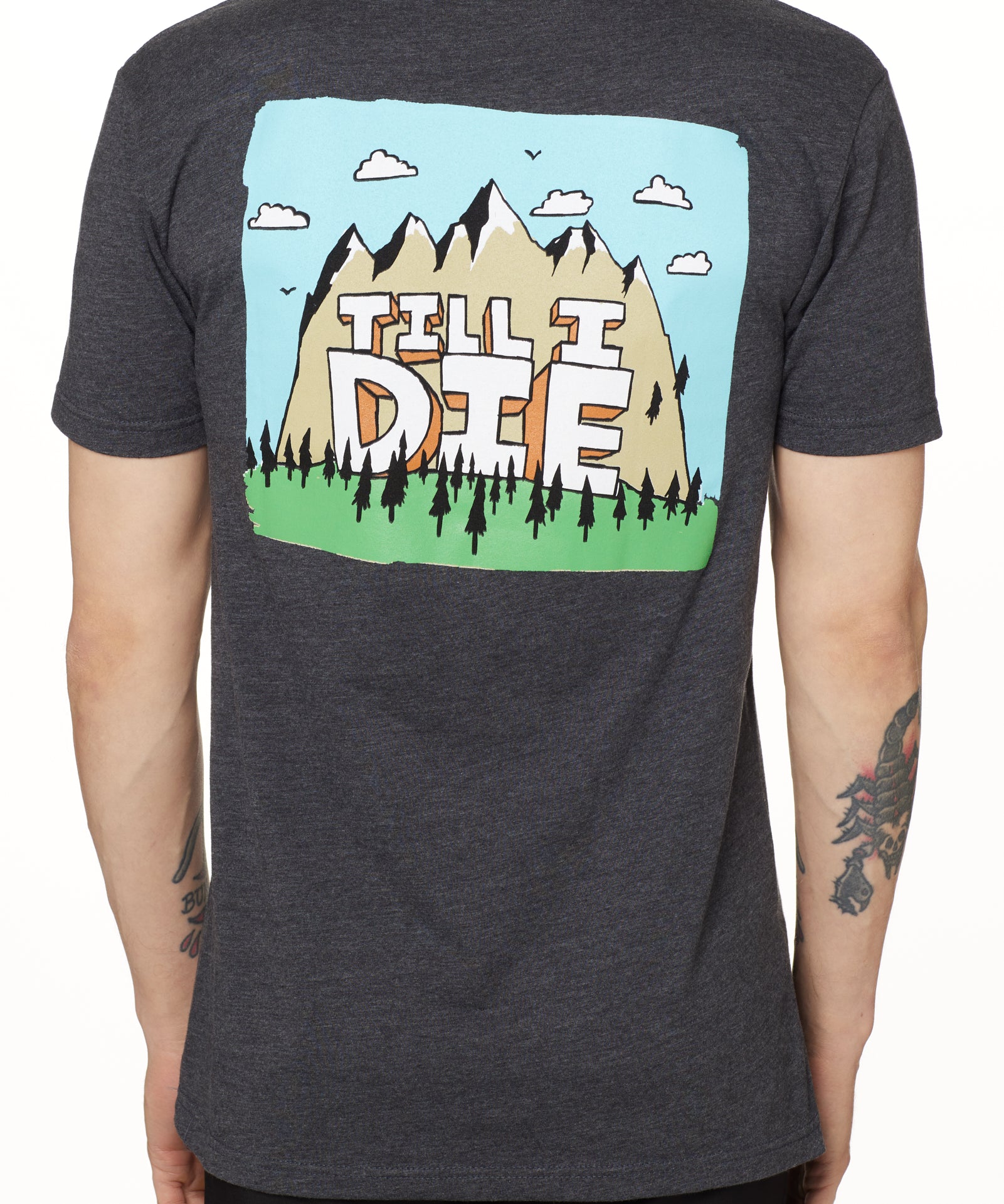 BACK OF A MALE MODEL WEARING A HEATHER GRAY TEE SHIRT WITH A GRAPHIC OF A MOUNTAIN AND THE WORDS TILL I DIE