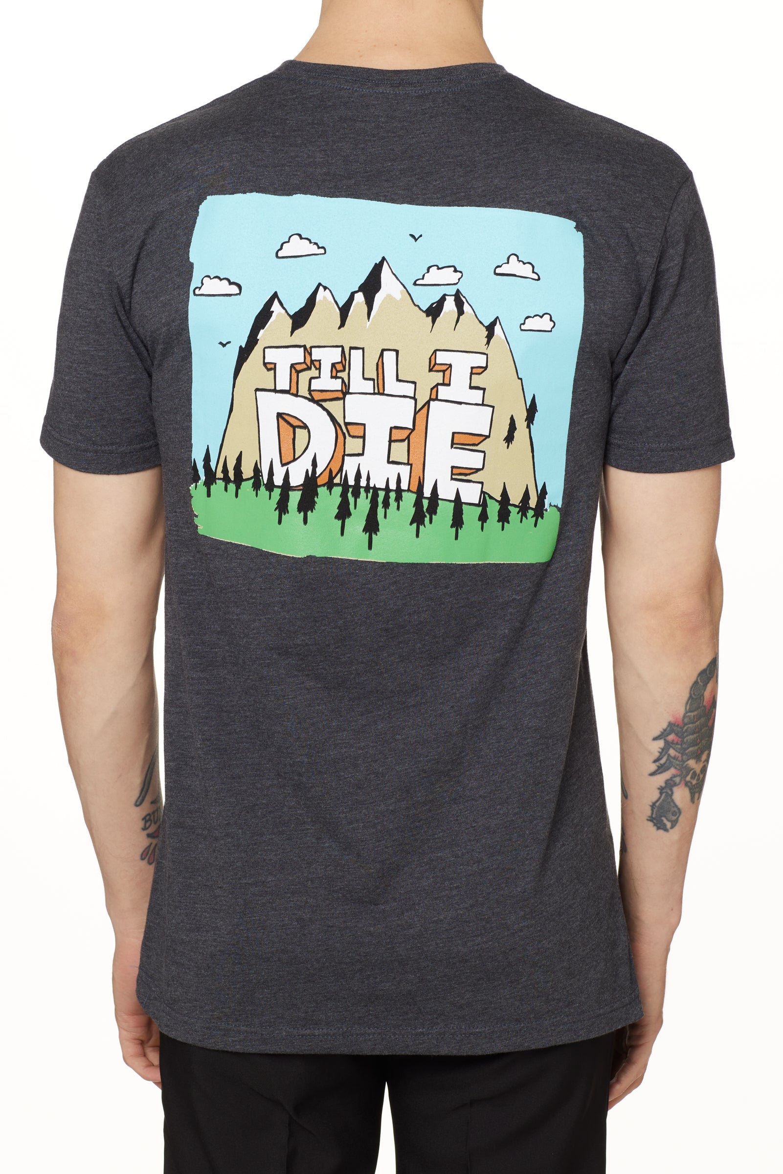 BACK OF A MALE MODEL WEARING A HEATHER GRAY TEE SHIRT WITH A GRAPHIC OF A MOUNTAIN AND THE WORDS TILL I DIE