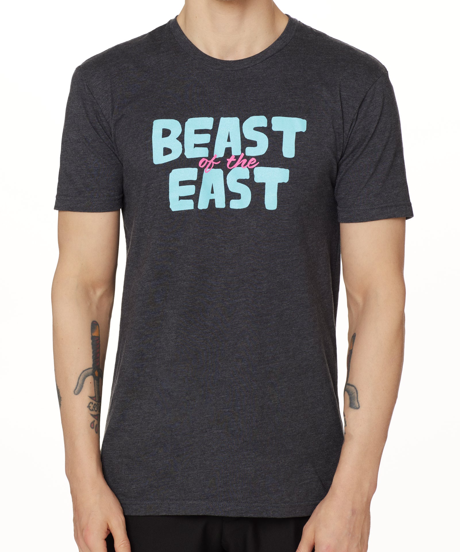 MALE MODEL WEARING A HEATHER GRAY TEE SHIRT WITH THE WORDS "BEAST OF THE EAST" IN BLUE AND PINK