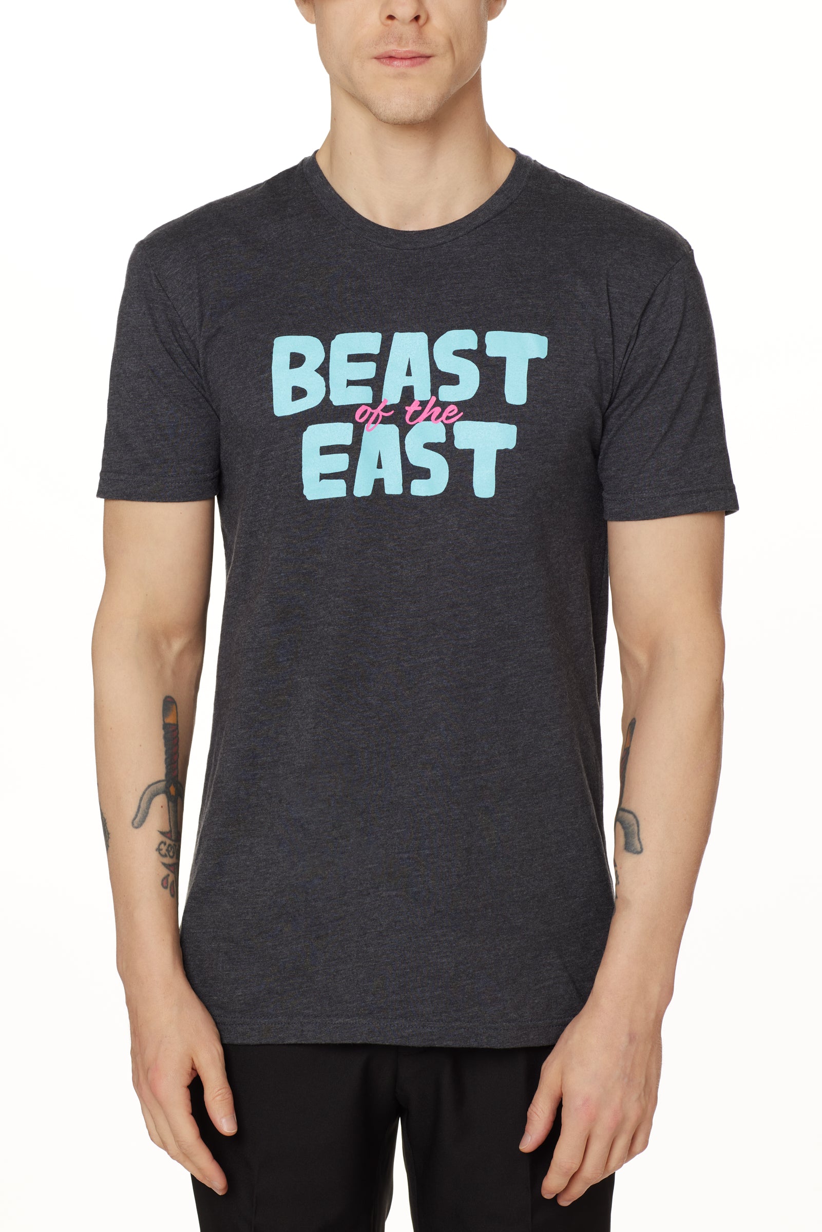 MALE MODEL WEARING A HEATHER GRAY TEE SHIRT WITH THE WORDS "BEAST OF THE EAST" IN BLUE AND PINK