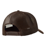 Back of a cork trucker hat showing the brown mesh back panels and snapback closure
