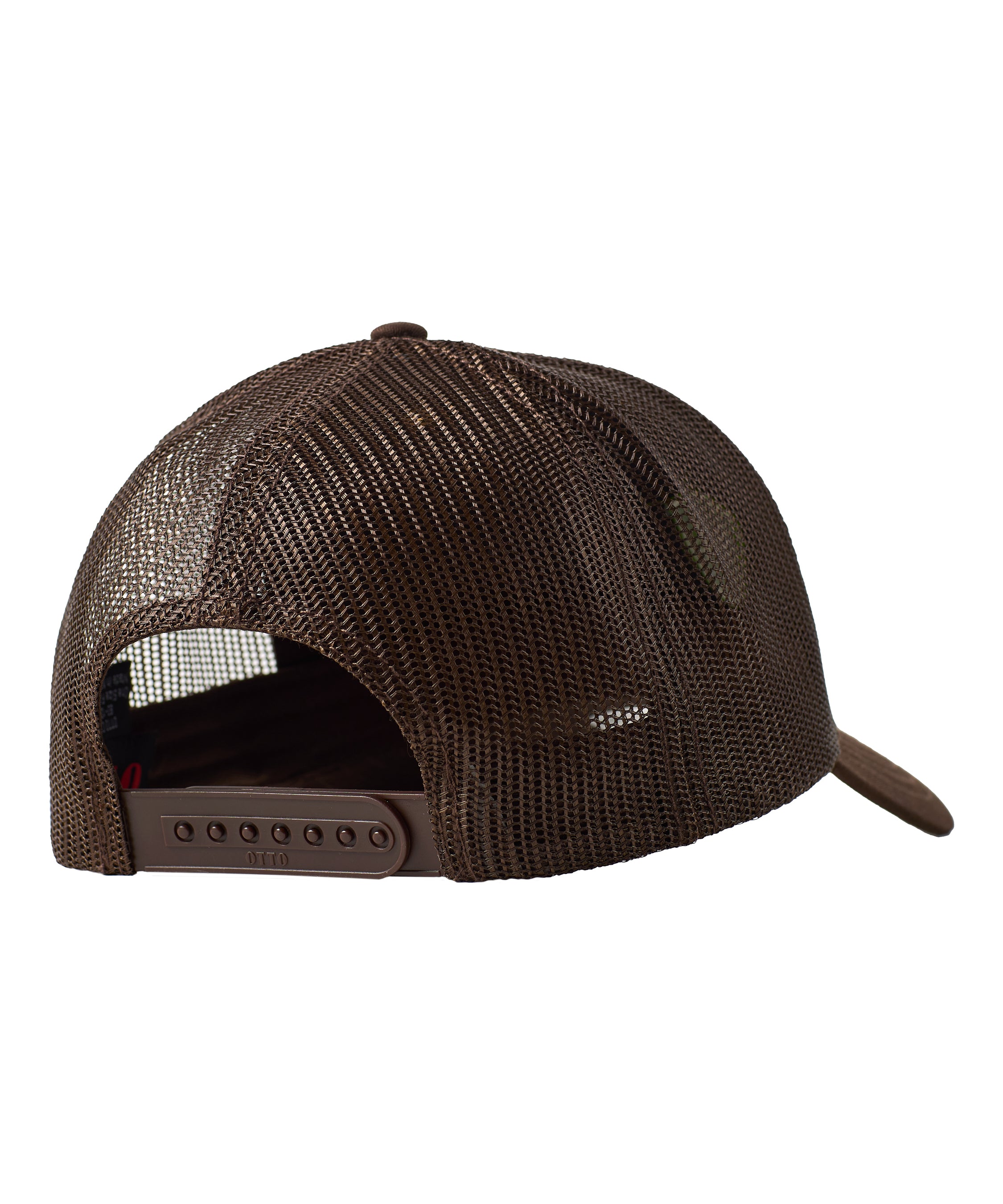 Back of a cork trucker hat showing the brown mesh back panels and snapback closure