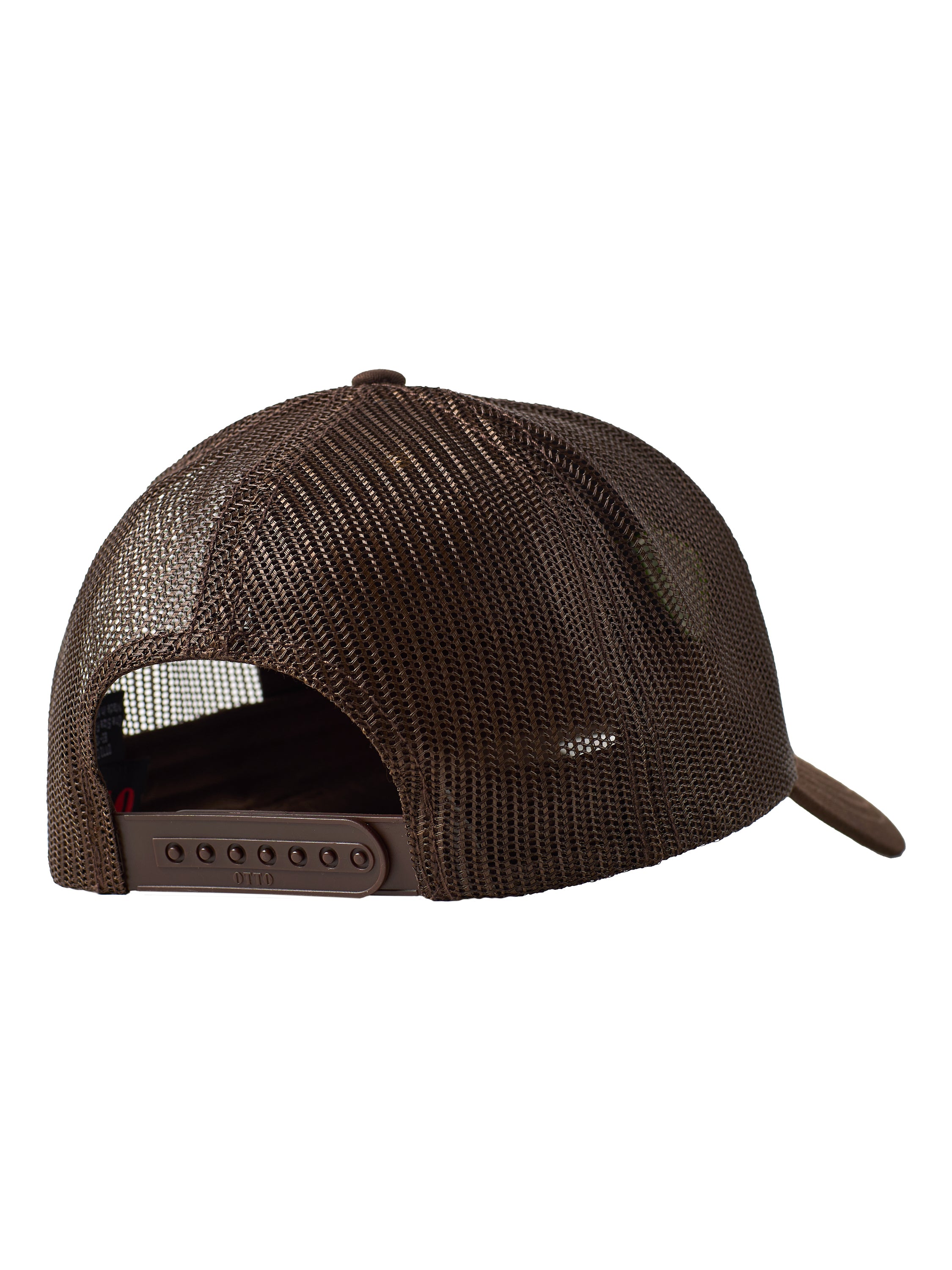 Back of a cork trucker hat showing the brown mesh back panels and snapback closure