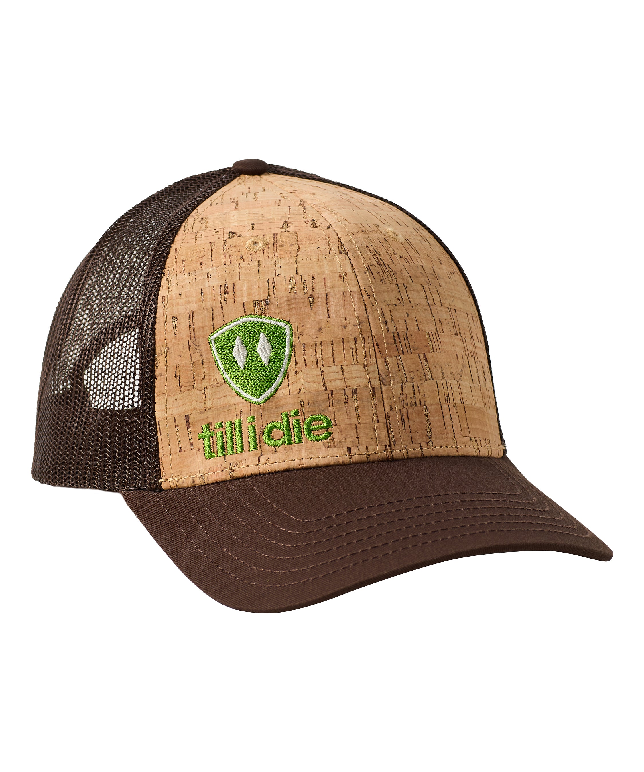 Front of a cork and brown trucker hat with a lime green till i die logo embroidered on the bottom right panel