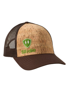 Front of a cork and brown trucker hat with a lime green till i die logo embroidered on the bottom right panel