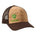 Front of a cork and brown trucker hat with a lime green till i die logo embroidered on the bottom right panel