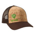 Front of a cork and brown trucker hat with a lime green till i die logo embroidered on the bottom right panel