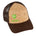 Front view of the brown and cork trucker hat on a white background, featuring an lime green embroidered Till I Die logo on the lower right corner of the cork front panel.