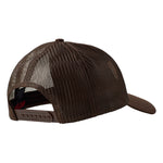 Back of a cork trucker hat showing the brown mesh back panels on snapback closure