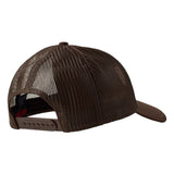 Back of a cork trucker hat showing the brown mesh back panels on snapback closure