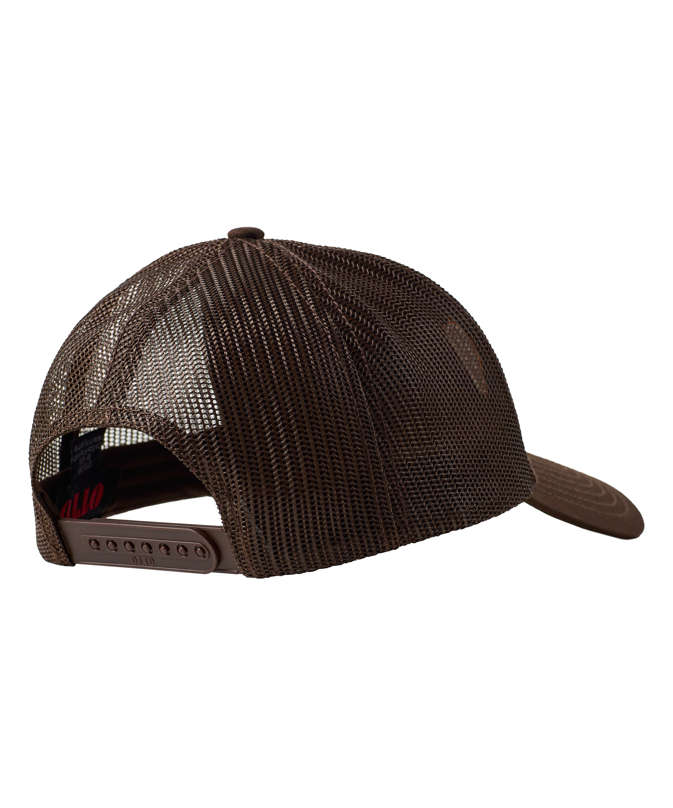 Back of a cork trucker hat showing the brown mesh back panels on snapback closure