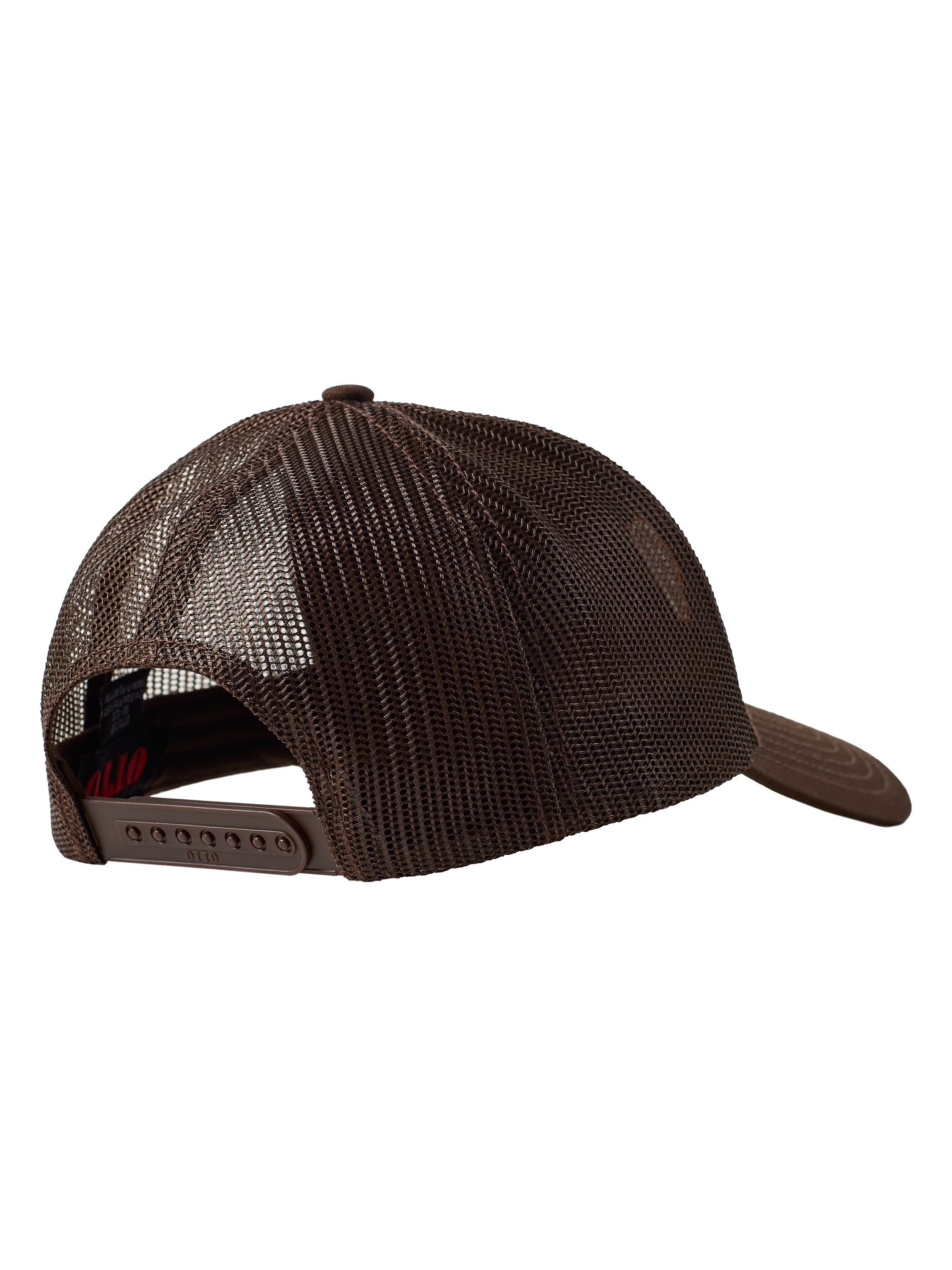 Back of a cork trucker hat showing the brown mesh back panels on snapback closure