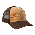 Front of a cork and brown trucker hat with an orange till i die logo embroidered on the bottom right panel