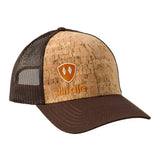 Front of a cork and brown trucker hat with an orange till i die logo embroidered on the bottom right panel