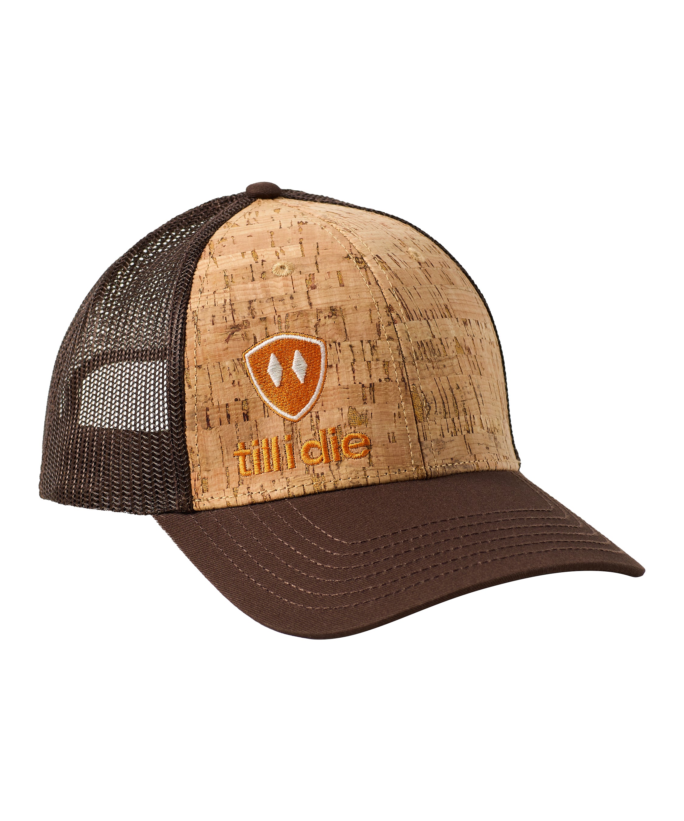 Front of a cork and brown trucker hat with an orange till i die logo embroidered on the bottom right panel