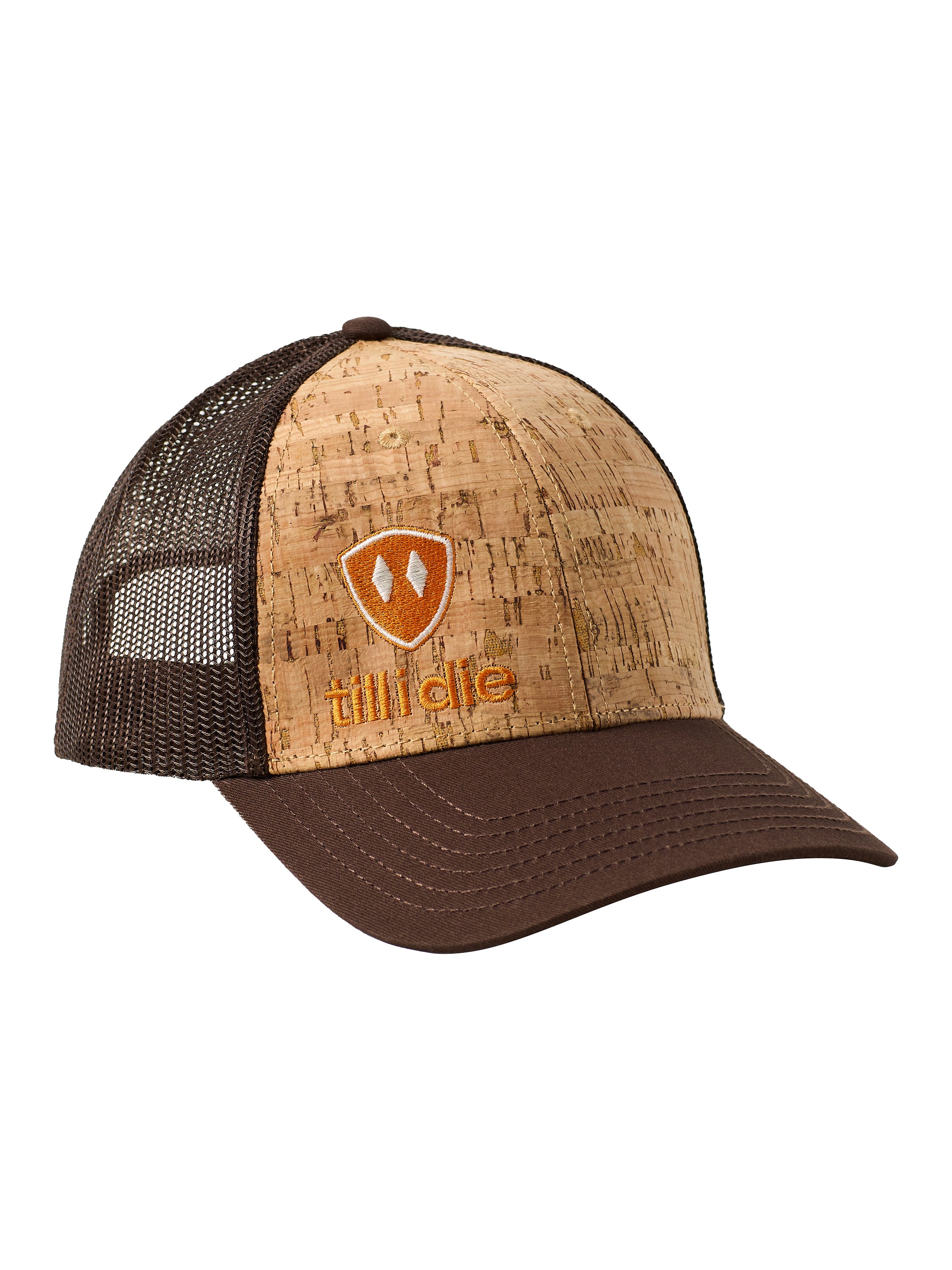 Front of a cork and brown trucker hat with an orange till i die logo embroidered on the bottom right panel