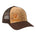 Front of a cork and brown trucker hat with an orange till i die logo embroidered on the bottom right panel