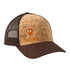 Front of a cork and brown trucker hat with an orange till i die logo embroidered on the bottom right panel