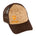 Front view of the brown and cork trucker hat on a white background, featuring an orange embroidered Till I Die logo on the lower right corner of the cork front panel.