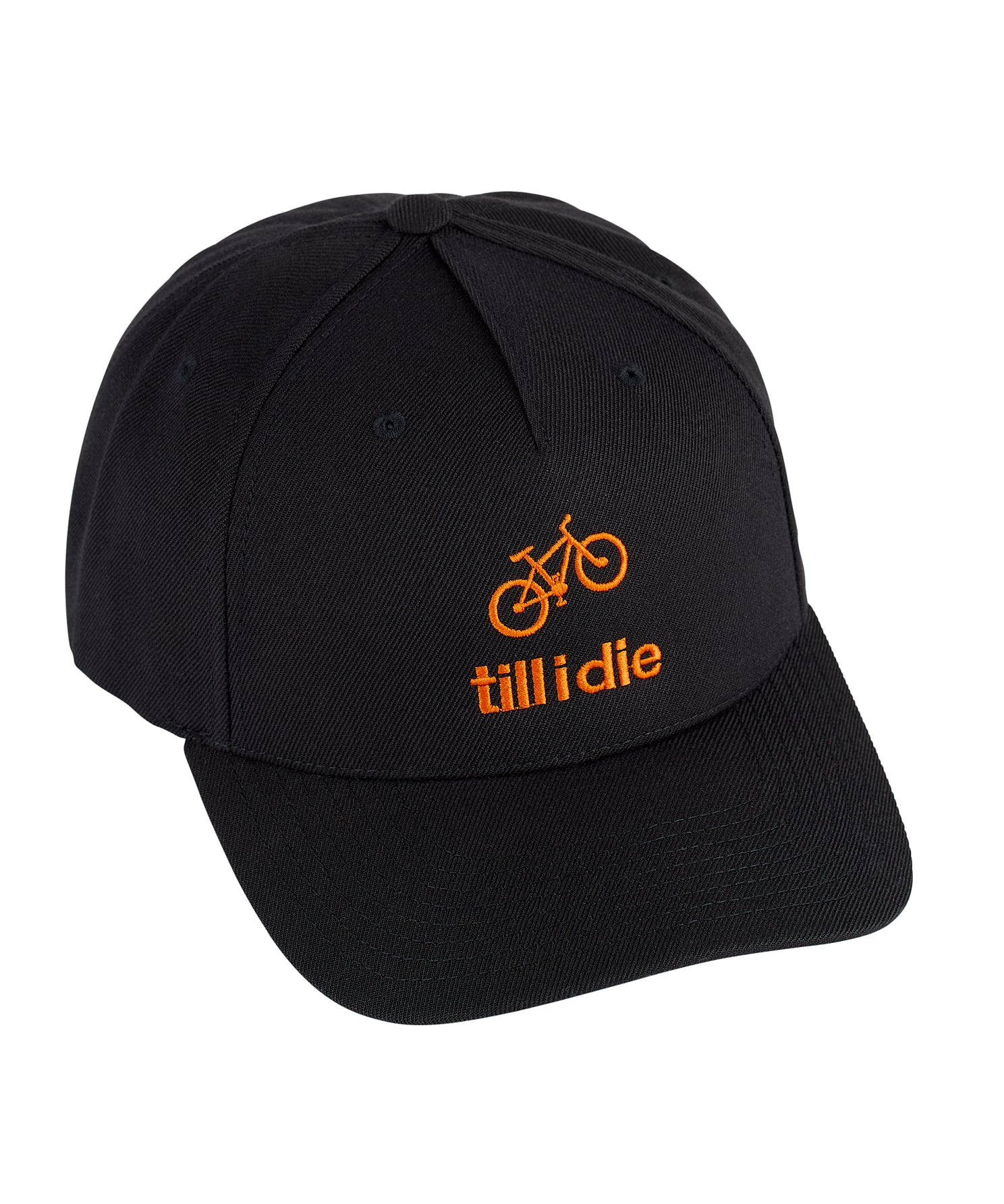 Front view of the bike till i die five-panel black hat on a white background, featuring an embroidered orange bike graphic on the front panel with matching “Till I Die” text below.