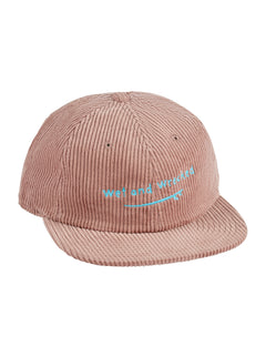 front view a the dusty rose corduroy surf cap on a white background, Embroidered with a light teal surf board with 'Wet and Wrecked' text.