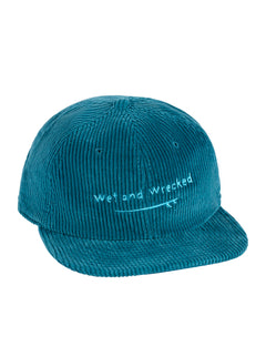 Teal corduroy surf cap with an embroidered light teal surf board with 'Wet and Wrecked' text and on a white background