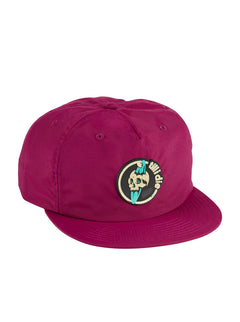 Front view of the Surf Till I Die wine-colored surf hat on a white background, featuring a black PVC patch with an off-white skull and teal surfboard, surrounded by “Till I Die” text along the border.