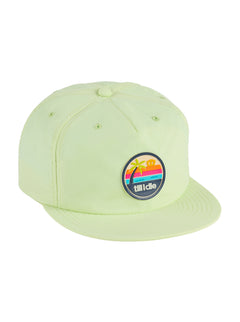 lime green sunset sessions hat with a round pvc patch depicting a palm tree and sunset graphic with the words 'till i die'