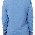 BACK OF MODEL WEARING A HEATHER BLUE HOODIE WITH HOOD UP