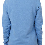 BACK OF MODEL WEARING A HEATHER BLUE HOODIE WITH HOOD UP