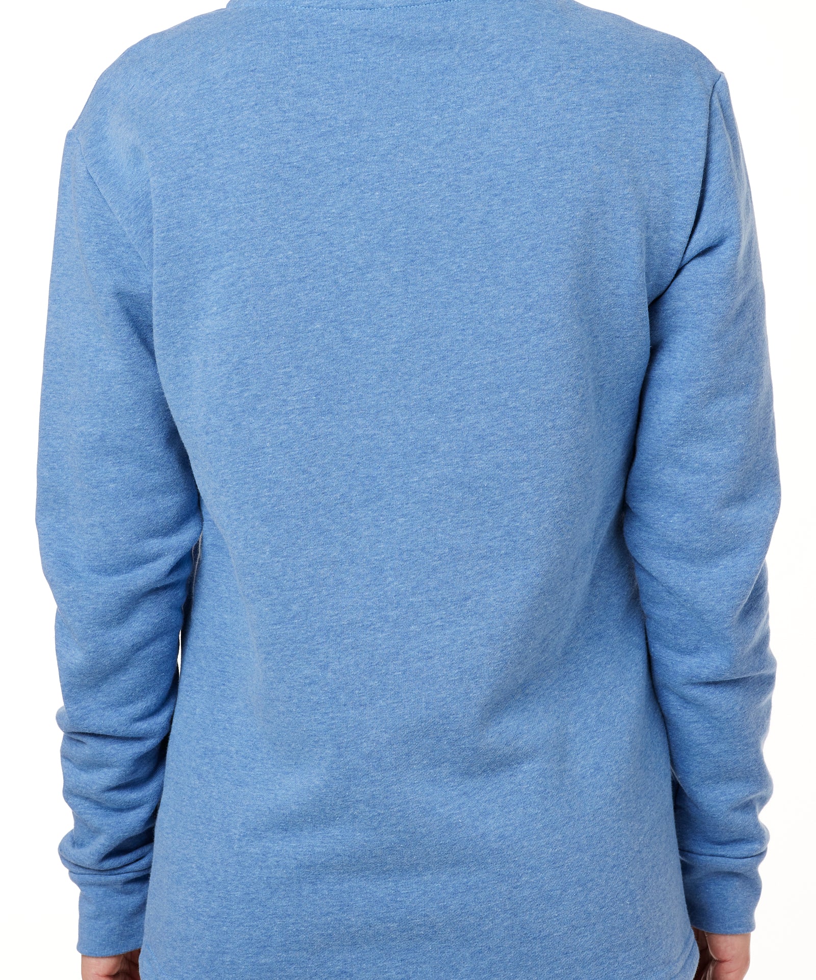 BACK OF MODEL WEARING A HEATHER BLUE HOODIE WITH HOOD UP