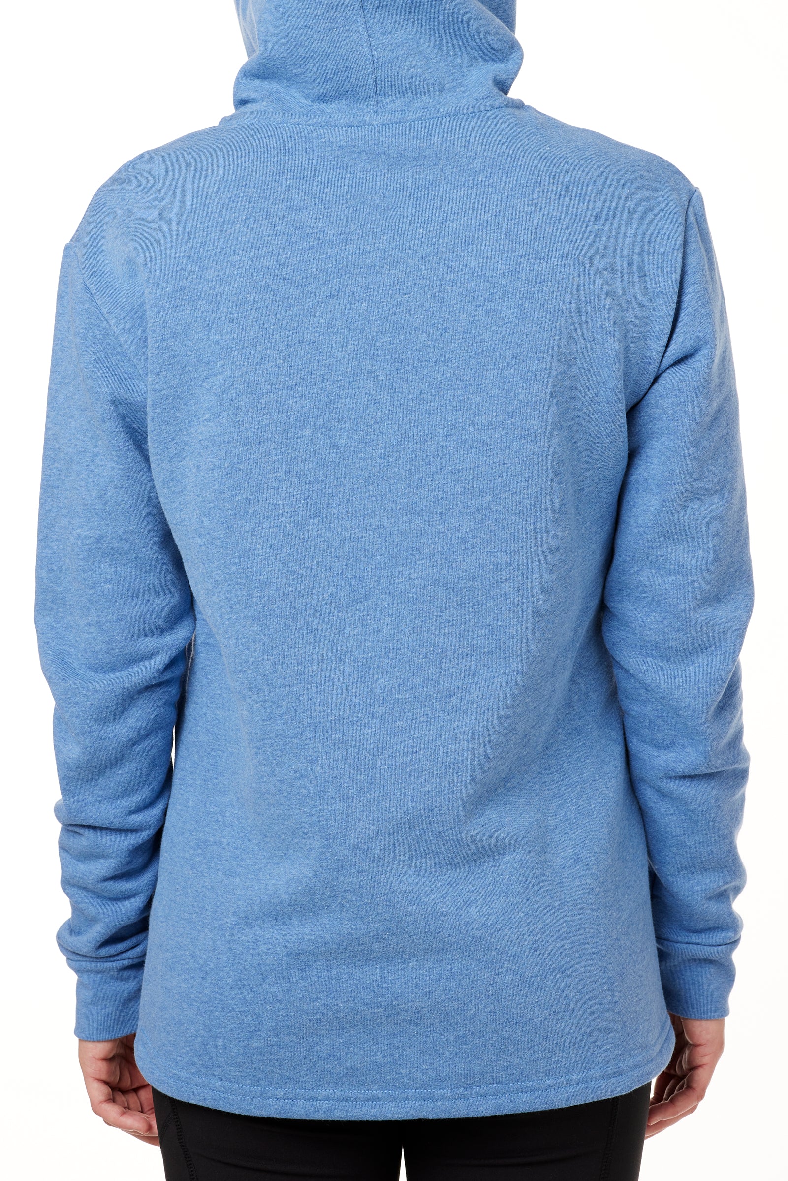 BACK OF MODEL WEARING A HEATHER BLUE HOODIE WITH HOOD UP