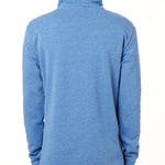 BACK OF A MALE MODEL WEARING A HEATHER BLUE HOODIE WITH THE HOOD UP