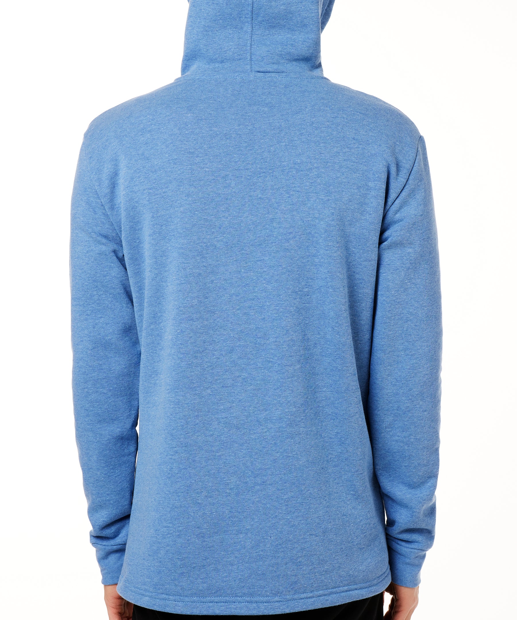 BACK OF A MALE MODEL WEARING A HEATHER BLUE HOODIE WITH THE HOOD UP