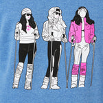 DETAIL OF THREE CARTOON LADIES IN 1980S SKI OUTFITS