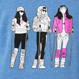 DETAIL OF THREE CARTOON LADIES IN 1980S SKI OUTFITS
