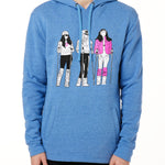 MALE MODEL WEARING A HEATHER BLUE HOODIE FEATURING A GRAPHIC OF THREE 1908S SKI LADIES