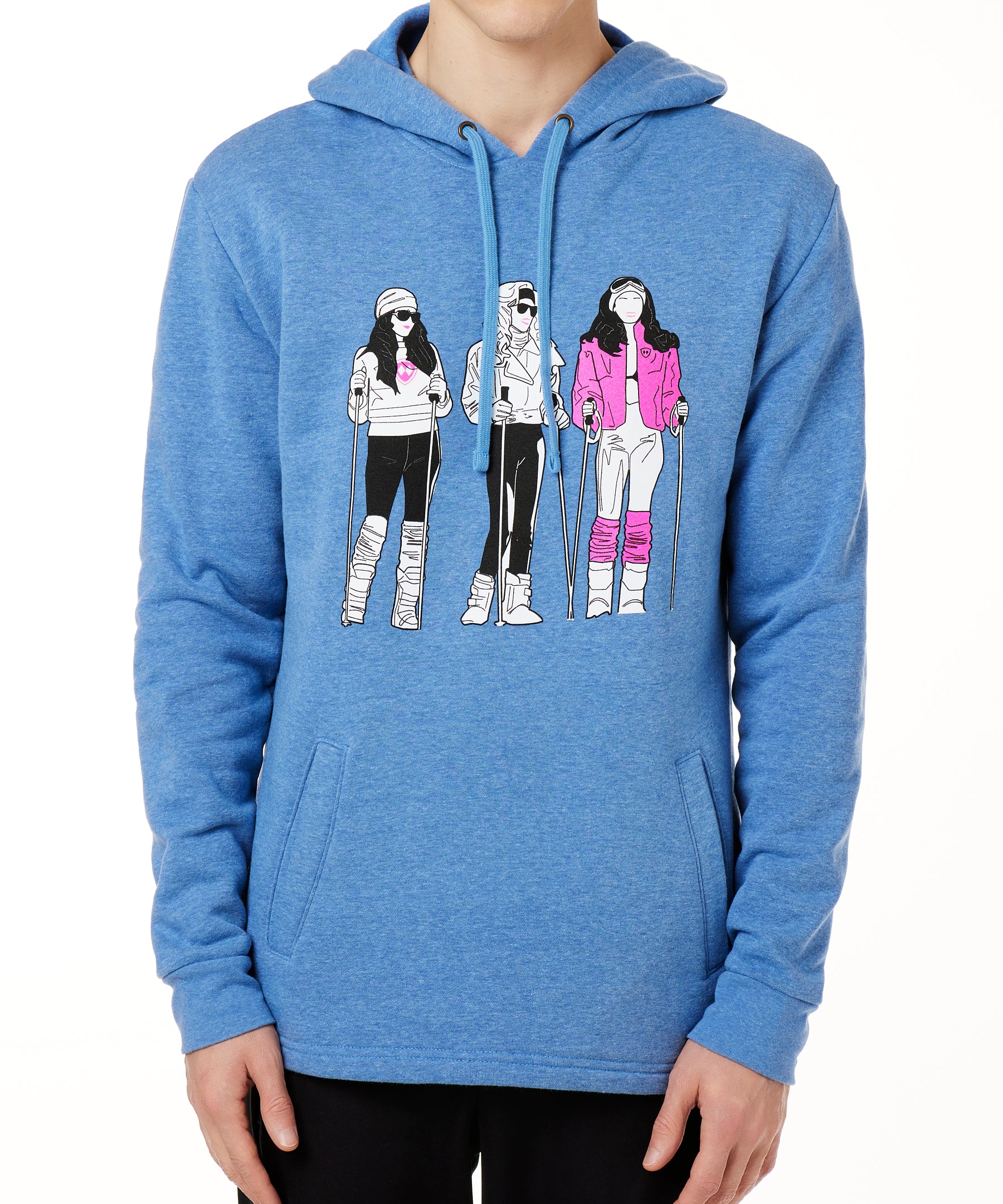 MALE MODEL WEARING A HEATHER BLUE HOODIE FEATURING A GRAPHIC OF THREE 1908S SKI LADIES